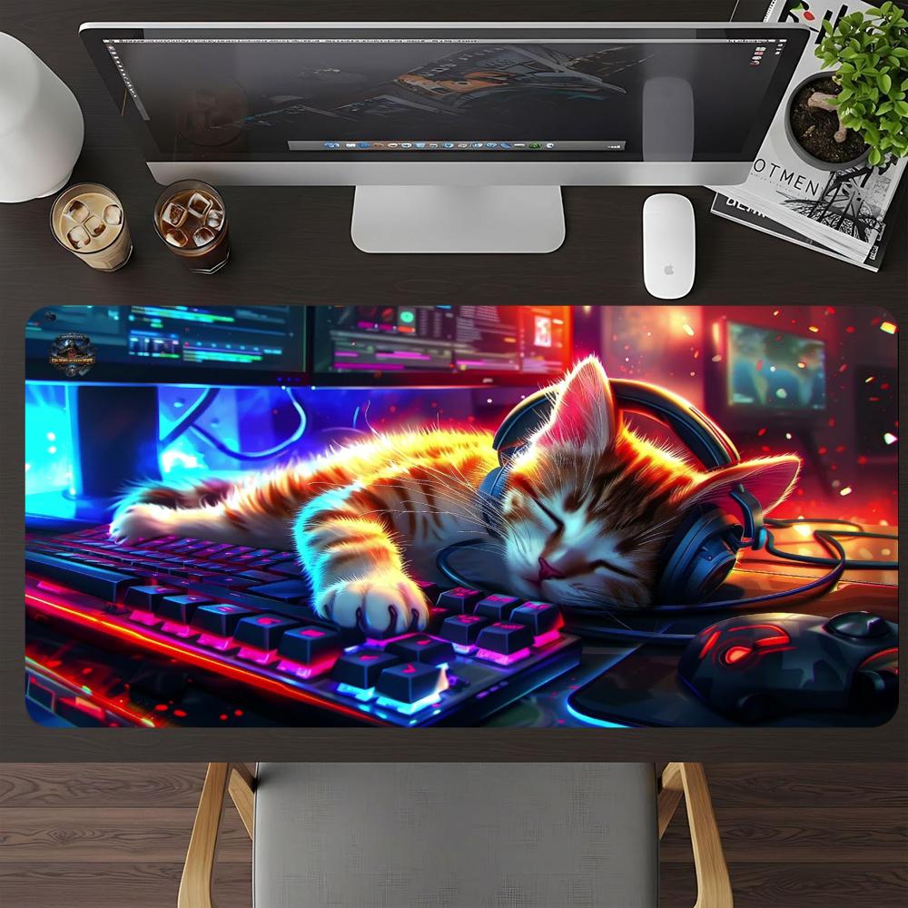 Desk Setup Headphones - Cyberpunk Headphone Cat Gaming Mouse Pad