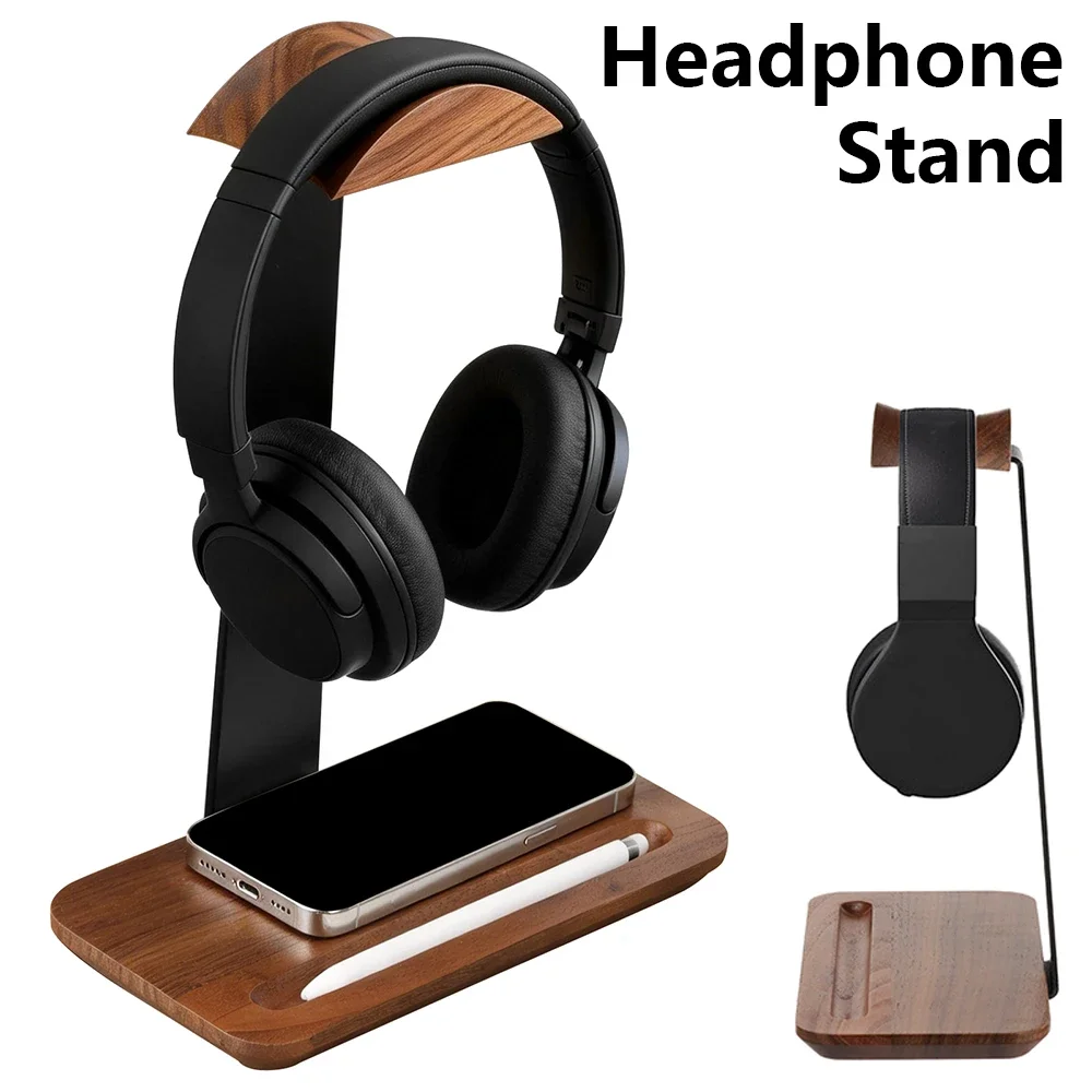 Desk Setup Equipment - Universal Wood Headphone Stand with Storage