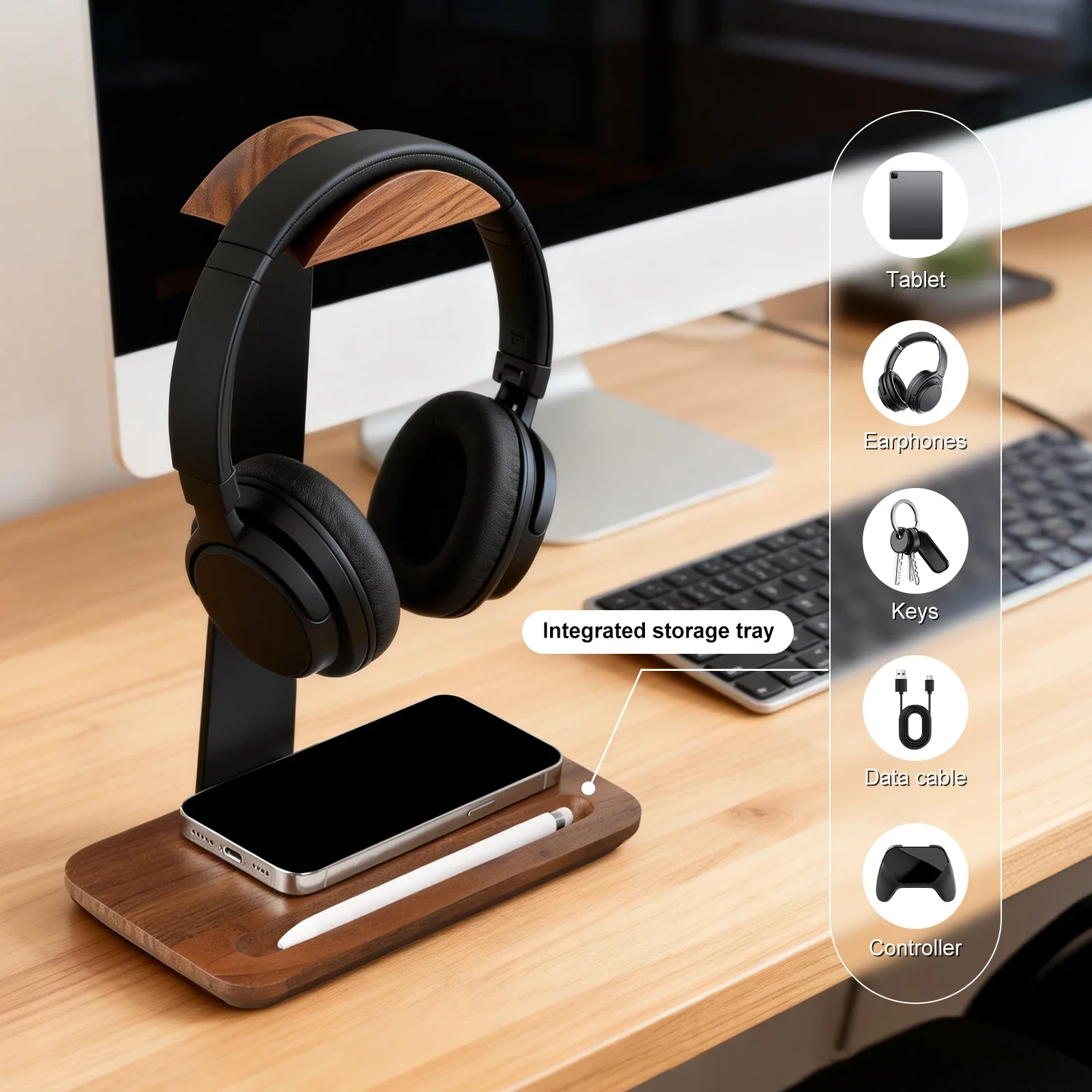 Universal Wood Headphone Stand - Desk Setup Equipment ulasan dan harga