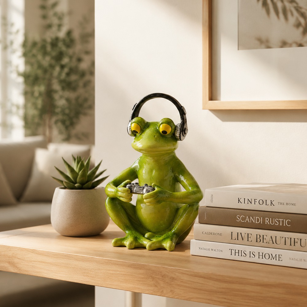 Funny Gaming Frog Statue with  - Desk Setup Headphones ulasan dan harga