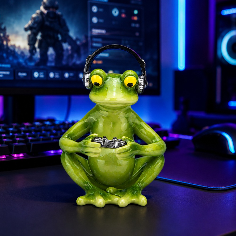 Funny Gaming Frog Statue with  - Desk Setup Headphones ulasan dan harga